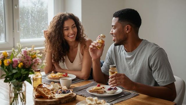 Smiling couple enjoying cozy sunlit morning breakfast at wooden table with flowers