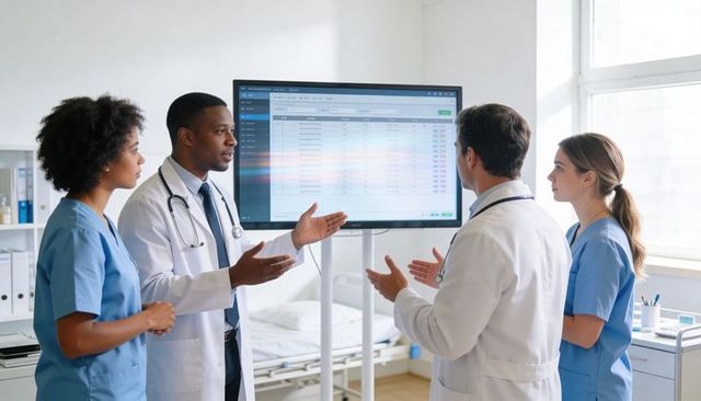 Diverse medical team reviewing electronic health records on monitor in hospital room