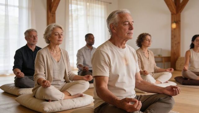 Senior group meditating in bright studio practicing mindfulness, breathwork and inner calm