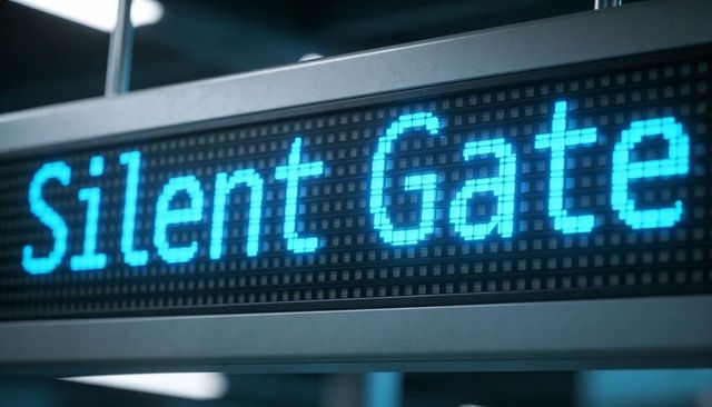Displaying Silent Gate LED Sign on Blue Dot-Matrix Panel in Transit Terminal