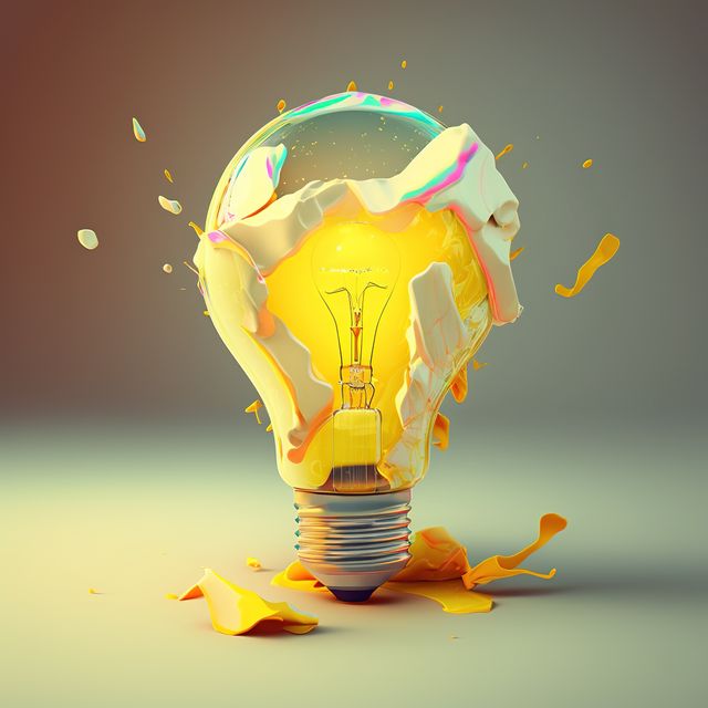 Image of lightbulb with colourful stains on gray background, created using generative ai technology. Lightbulb, creative and pattern concept, digitally generated image.