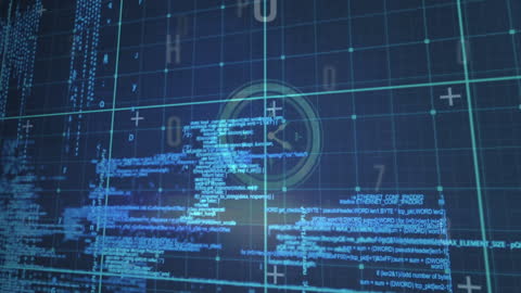 Innovative Digital Data Processing Animation on Blue Grid