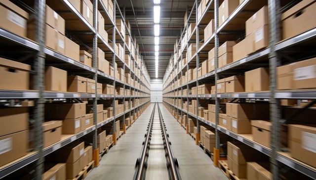 Central guide rails guiding autonomous shuttle through high-density fulfillment center aisle