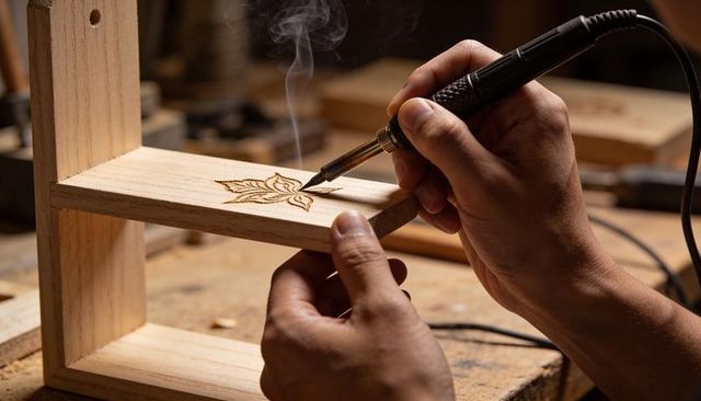 Hand burning floral motif on wooden shelf with pyrography pen for woodworking craft