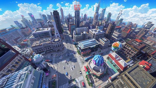 Soaring over futuristic sunlit city intersection with domed pavilion and colorful balloon