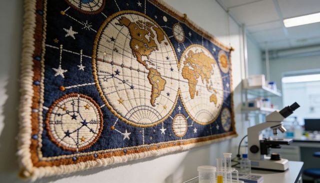 Woven world-map tapestry hanging in modern lab showing microscope and test tubes, textured decor