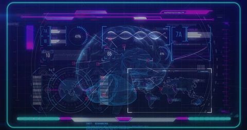 Futuristic interface with digital brain and dna visualization