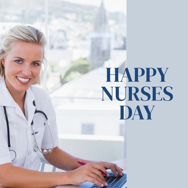 Happy Nurse Day Celebration with Smiling Female Nurse Holding Pen - Download Free Stock Templates Pikwizard.com