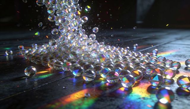 Cascading glass marbles creating prismatic rainbow reflections on dark grooved table