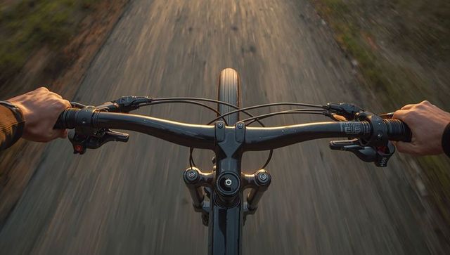 First-person mountain biking pov riding dirt trail hands gripping flat handlebars