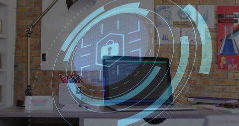 Cybersecurity laptop with digital lock hud overlay on home office desk showing code