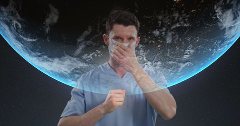 Doctor Wearing Face Mask Over Glowing Earth Background