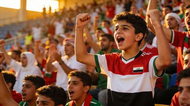 Teenage iraqi football fans cheering, raising fists, wearing flag-patch jerseys celebrating victory