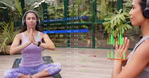 Women Practicing Outdoor Yoga with Headsets and Financial Data Overlays for Wellness