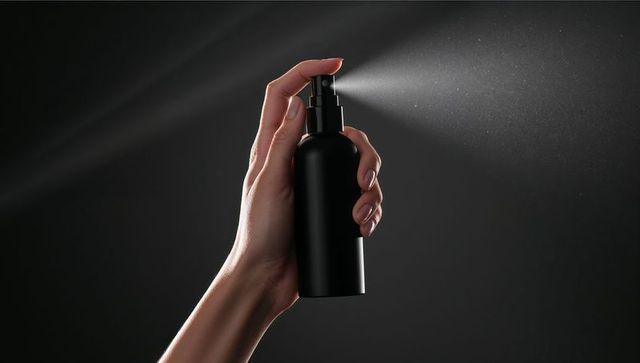 Elegant hand holding matte black spray bottle with fine mist