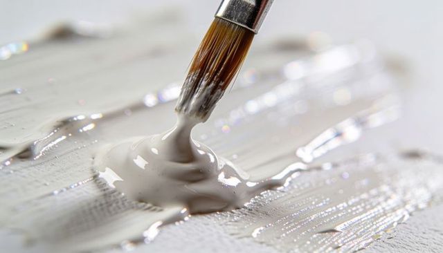 Closeup brush spreading light gray paint on canvas showing brush strokes and texture