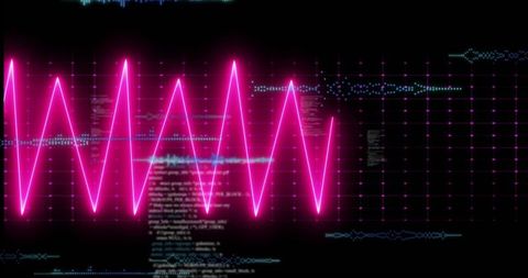 Neon Pink Waveform Pulsing Across Cyber Grid With Blurred Code Futuristic UI Visualization