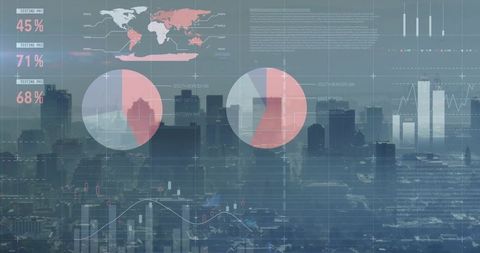 Data Analytics Overlay on City Skyline Illustrating Futuristic Business Trends