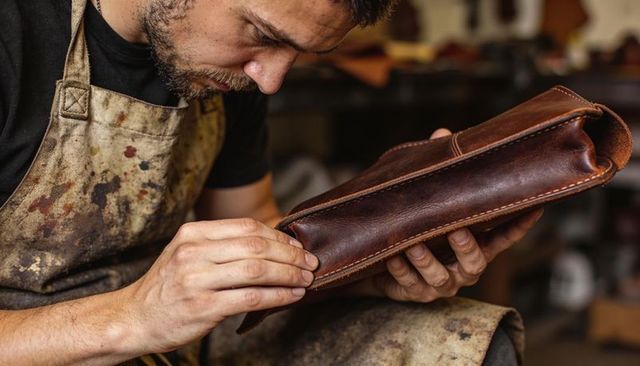 Craftsman inspecting and hand-finishing brown hand-stitched leather satchel close-up