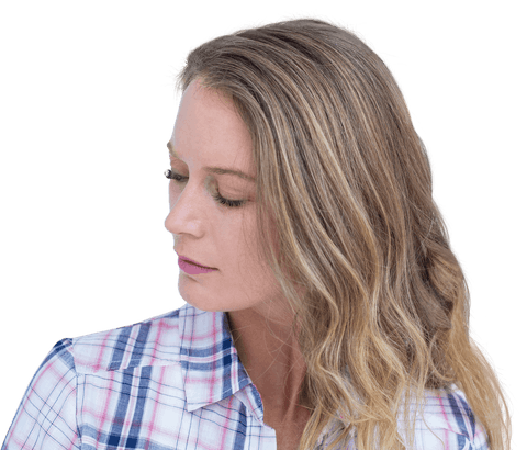 Pensive Caucasian Woman with Long Hair on Transparent Background