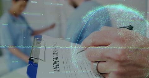 Doctor in scrubs analyzing medical form with digital overlay