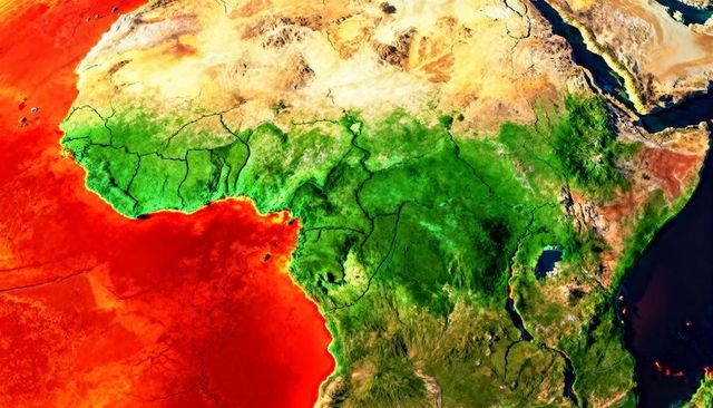 Vivid satellite-style map of africa highlighting sahara, sahel, congo basin, rift valley