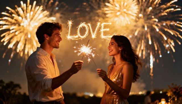 Couple celebrating with sparklers and fireworks spelling love on romantic terrace night