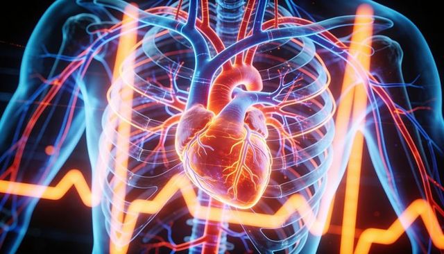 Visualizing glowing human heart and thoracic vasculature with ecg waveform and neon coronary