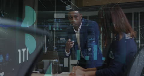 Business Team Collaborating with High-Tech Data Analytics