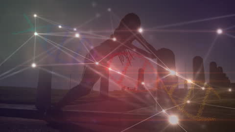 Cosmic Fitness Journey: Stretching with Digital DNA Patterns