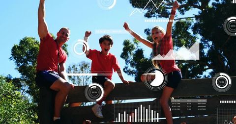 Family Celebrating Outdoors with Futuristic Data Overlays Father and Kids Cheering on Rail