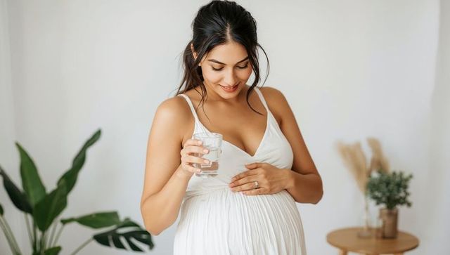 Pregnant woman holding water glass in serene living space