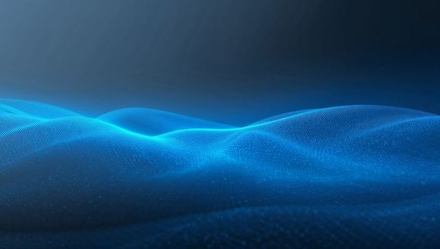 Neon blue digital wave mesh representing data flow, futuristic technology and ai network