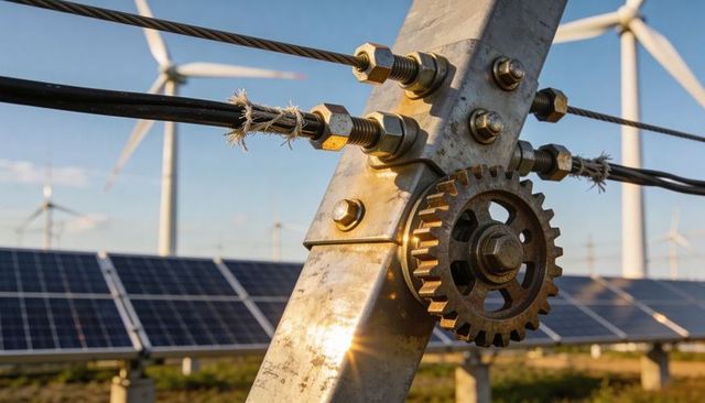Weathered gear clamping cables and frayed rope with rural solar panels and wind turbines