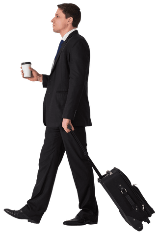 Transparent businessman with coffee pulling suitcase