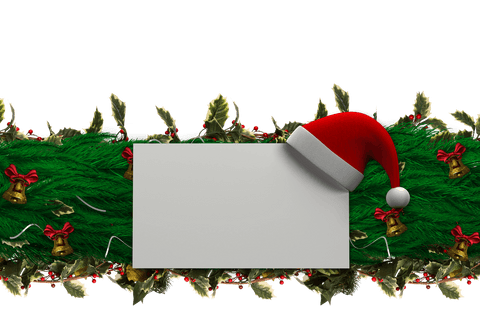 Transparent christmas garland with blank card and santa hat