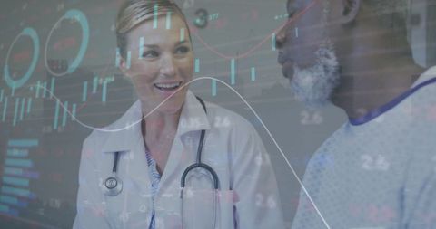 Multiracial Doctor Consulting Patient with Digital Financial Graphics