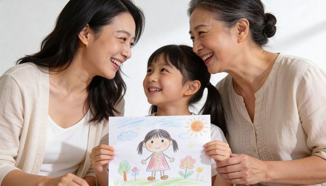 Three generation family smiling together while child displays colorful crayon drawing