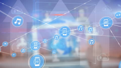 Digital Network of Mobile and Music Cloud Icons on Futuristic Background