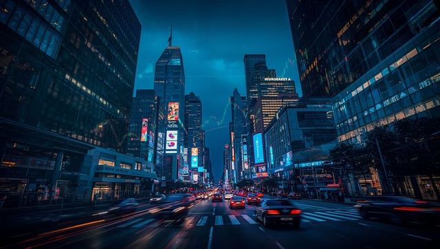 Vibrant city street with neon billboards and active night traffic