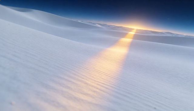 Low sunbeam streaking across white sand dunes during golden hour with rippled texture