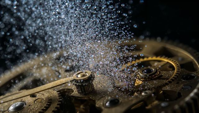 Misted mechanical watch movement revealing brass gears and jewel bearings in macro studio