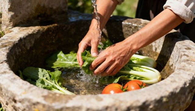 Rinsing fresh bok choy and tomatoes in rustic stone basin under warm sunlight