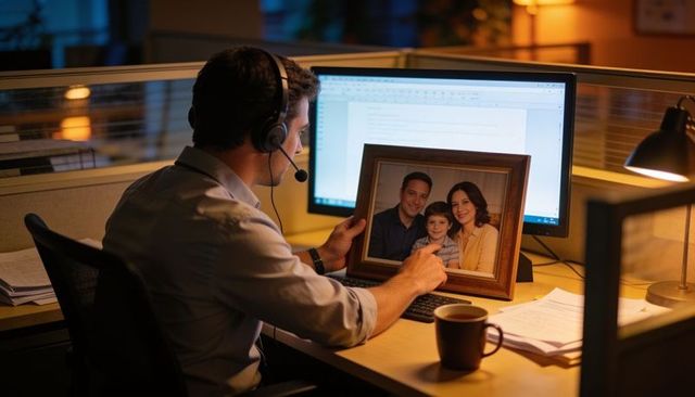 Evening office worker holding framed family portrait, wearing headset and gazing warmly