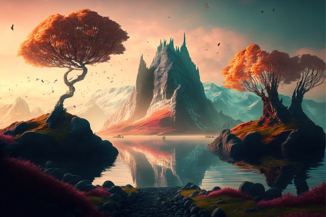 Image of fantasy landscape with trees and lake, created using generative ai technology. Fantasy landscape and nature concept, digitally generated image.