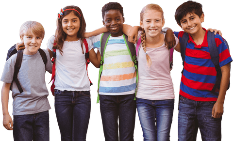 Smiling Diverse Kids with Backpacks, Transparent Background