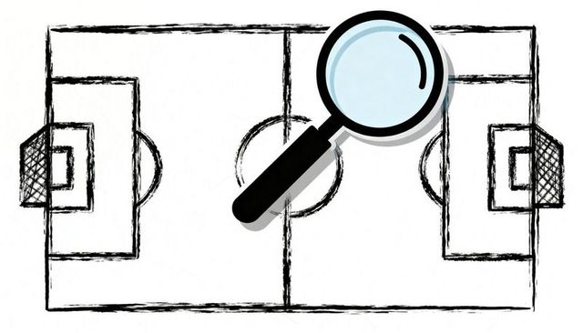 Magnifying glass revealing tactical details on sketch football field with brushstroke art