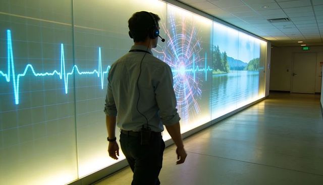 Technician walking past interactive ecg waveform and scenic lake visualization in corridor