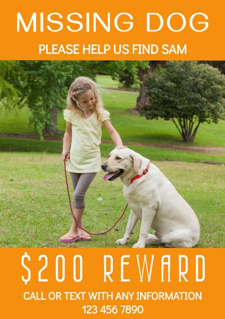 Bright and eye-catching missing dog poster featuring a young girl with her pet dog in a park. Offering a reward and providing contact information for additional leads. Ideal for community boards, social media shares, and neighborhood postings to quickly spread awareness about a lost dog and encourage contact from anyone with information.