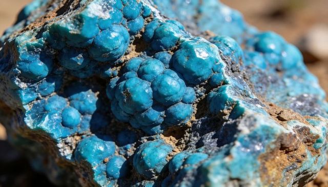 Turquoise botryoidal mineral cluster with azure globules and quartz flecks macro